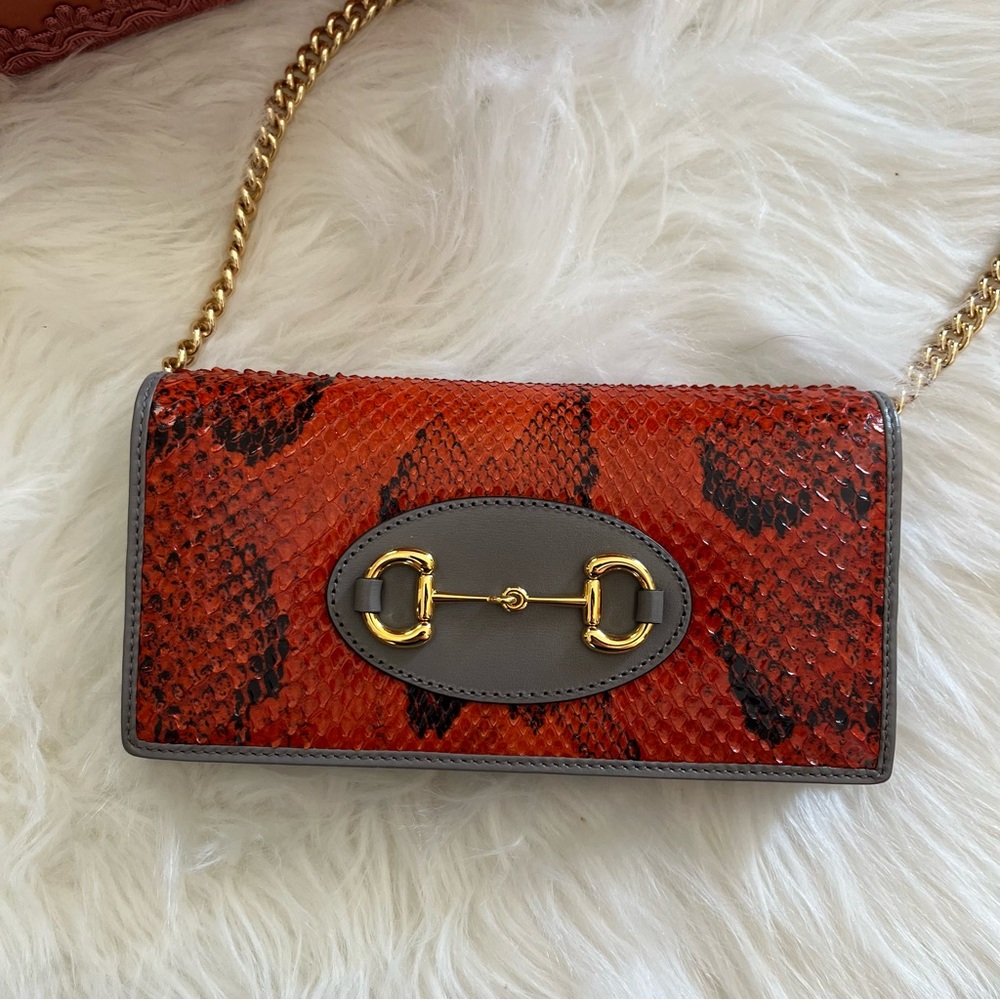 Gucci Horsebit 1955 Red Python Chain Wallet W/Gold Tone Hardware + Box & Dustbag